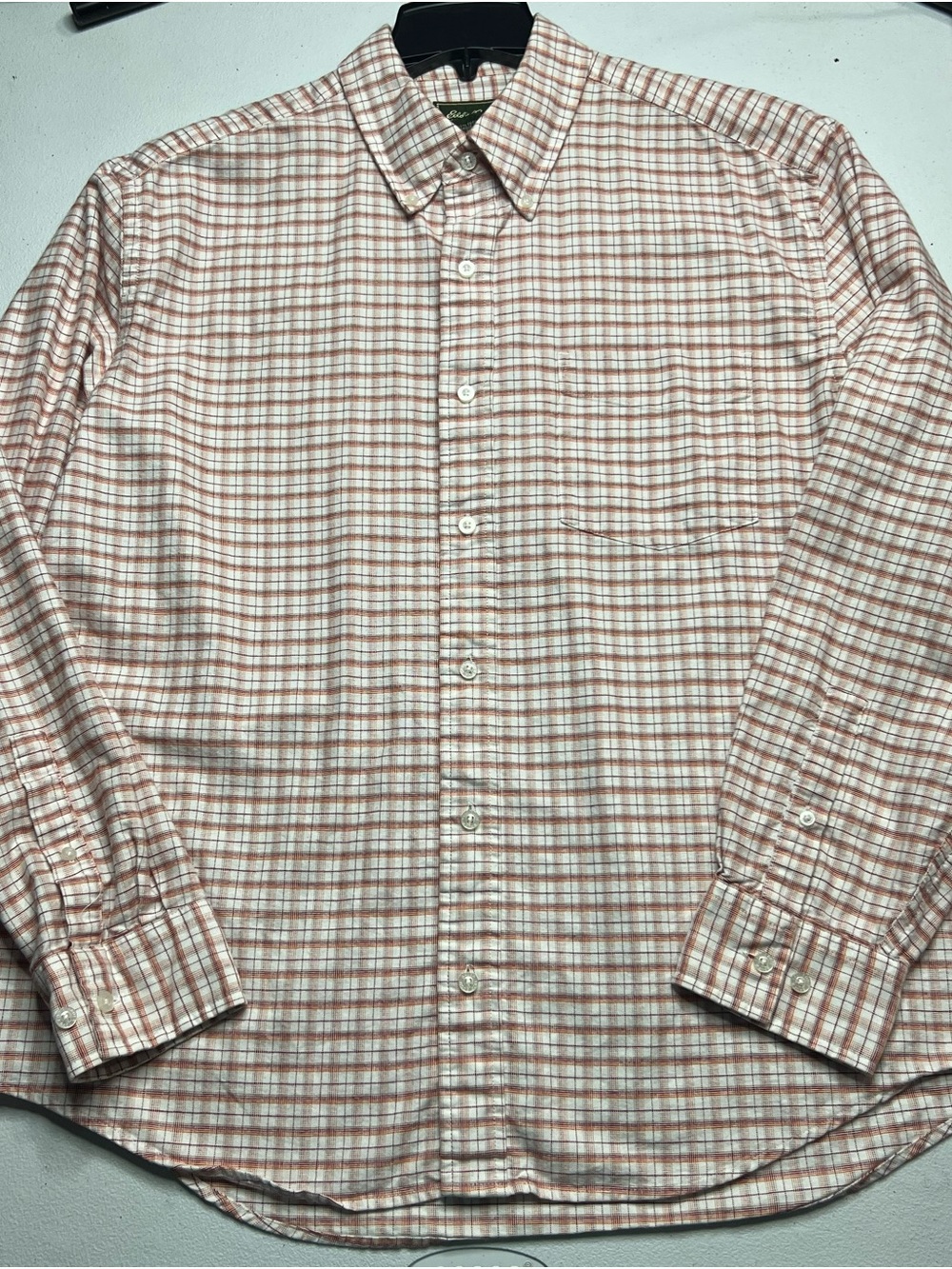 Eddie Bauer Orange and White Plaid Casual Button-Down Shirt